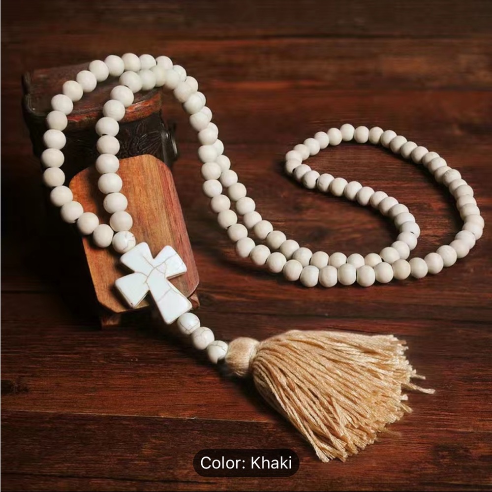 Boho Tassel Cross Pendant Bohoβ Handmade Wooden Beads Long Sweater Necklace